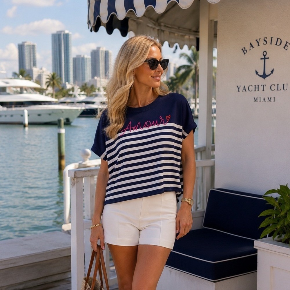 Loft Womens Amour 100% Cotton Embroidered Striped T-Shirt Navy Blue White Large
